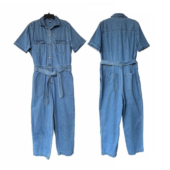 ⭐Denim Women Jumpsuit Size M Short Sleeve Belted Utility Pockets Collared Blue⭐ - Picture 1 of 10